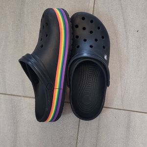 Black and rainbow crocs